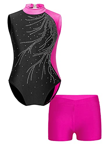 Oyolan Mädchen Turnanzug Ärmellos Balletttrikot Patchwork Gymnastik Strasss Leotards Tanzbody mit Shorts Trikotanzug Tanzkostüm S Hot Pink 158-164 von Oyolan