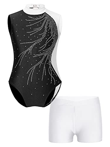 Oyolan Mädchen Turnanzug Ärmellos Balletttrikot Patchwork Gymnastik Strasss Leotards Tanzbody mit Shorts Trikotanzug Tanzkostüm S Weiss 146-152 von Oyolan