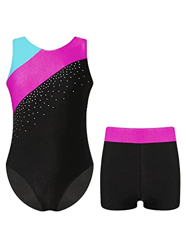 Oyolan Mädchen Turnanzug Ärmellos Balletttrikot Patchwork Gymnastik Strasss Leotards Tanzbody mit Shorts Trikotanzug Tanzkostüm T Hot Pink 134-140 von Oyolan