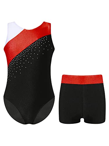 Oyolan Mädchen Turnanzug Ärmellos Balletttrikot Patchwork Gymnastik Strasss Leotards Tanzbody mit Shorts Trikotanzug Tanzkostüm T Rot 122-128 von Oyolan