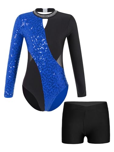 Oyolan Turnanzug Mädchen Kinder Gymnastikanzug Glitzernde Gymnastikbody Langarm Trikotbody Shorts Tanzkostüm Königsblau & Schwarz 134-140 von Oyolan
