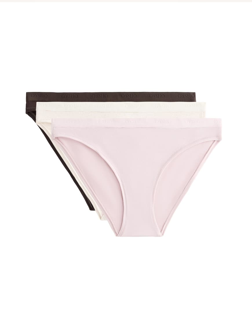 OYSHO - 3 klassische Slips aus Baumwollmix in zartem Mauve mit Logo-Lila von Oysho