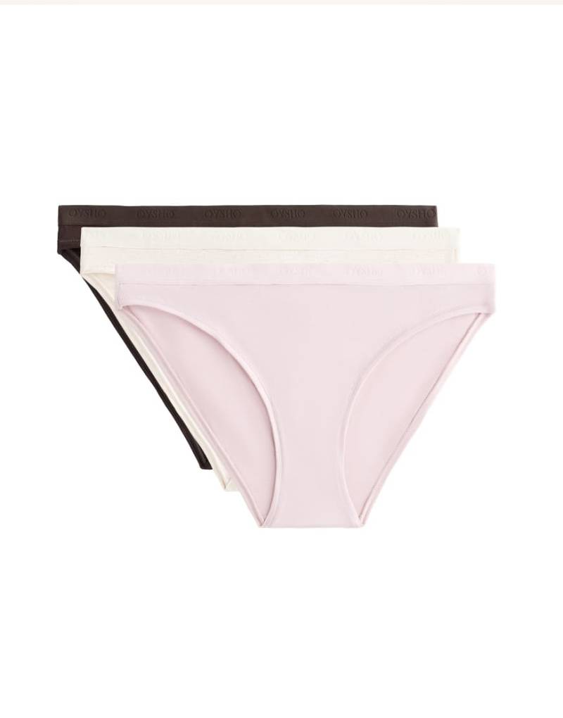 OYSHO - 3 klassische Slips aus Baumwollmix in zartem Mauve mit Logo-Lila von Oysho