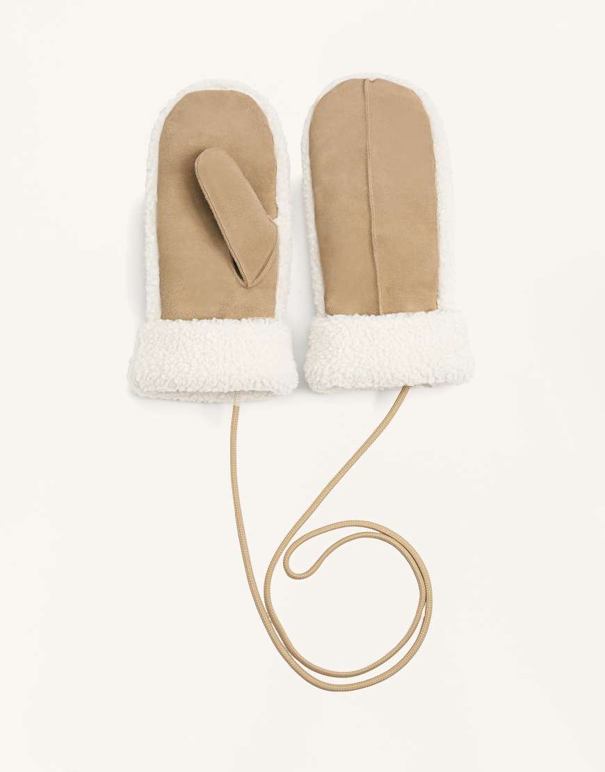 OYSHO - Fäustlinge aus Wildleder und Lammfellimitat in Braun geröstet mit Kordel-Brown von Oysho