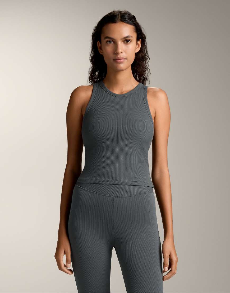 OYSHO - Geripptes, lang geschnittenes Tanktop aus Modalmix in Anthrazit-Grau von OYSHO