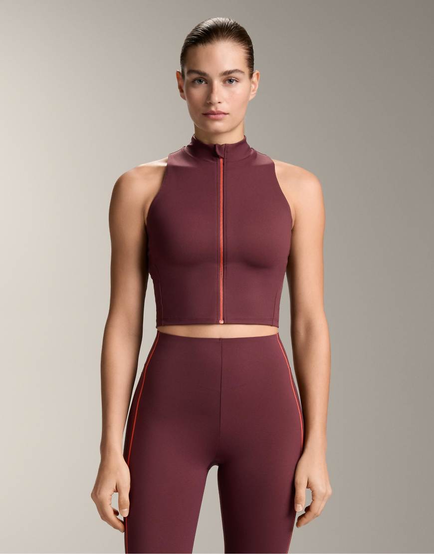 OYSHO - Kompressions-Tanktop in Kastanienbraun mit Reißverschluss-Rot von Oysho