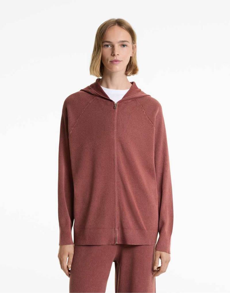 OYSHO - Lange Strickjacke in Dark Rosette mit Kapuze-Lila von Oysho