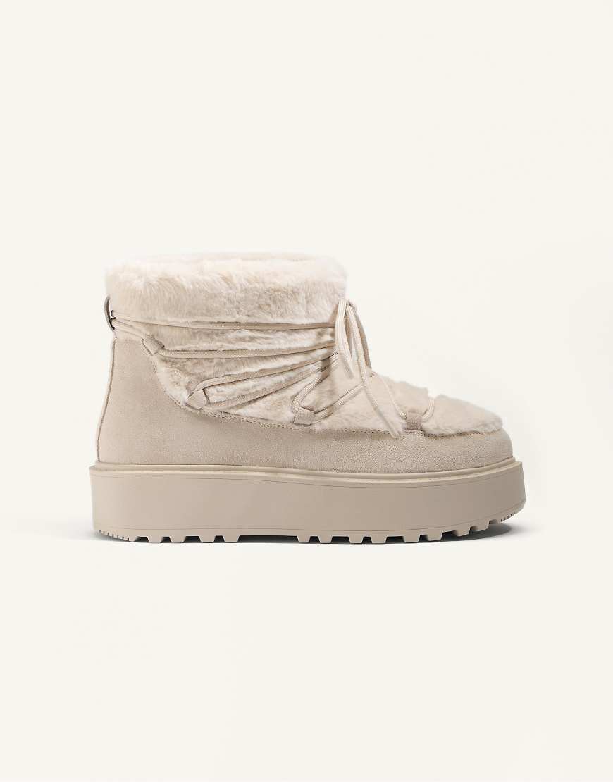 OYSHO - Schnürstiefel in Beige aus Kunstpelz und gespaltenem Leder-Neutral von Oysho