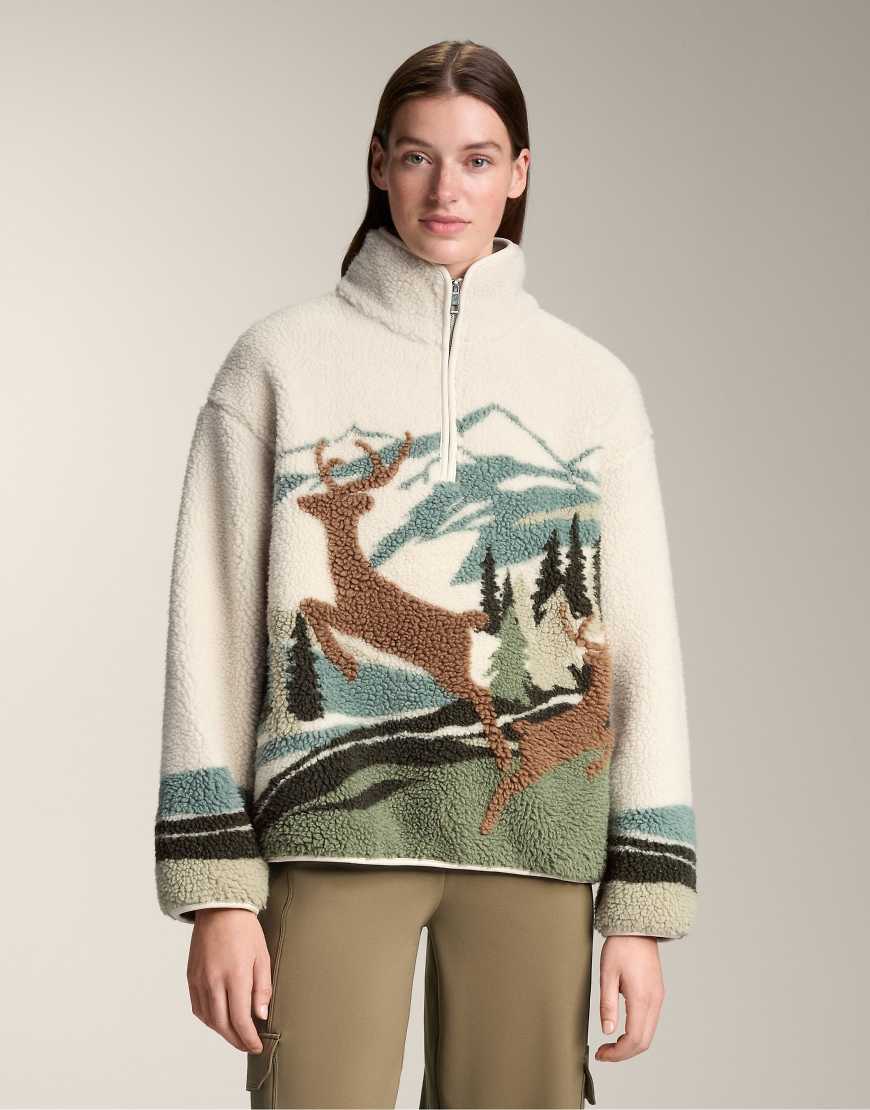 OYSHO - Sweatshirt aus Lammfellimitat in Ecru mit Landschaft-und-Reh-Motiv-Neutral von Oysho