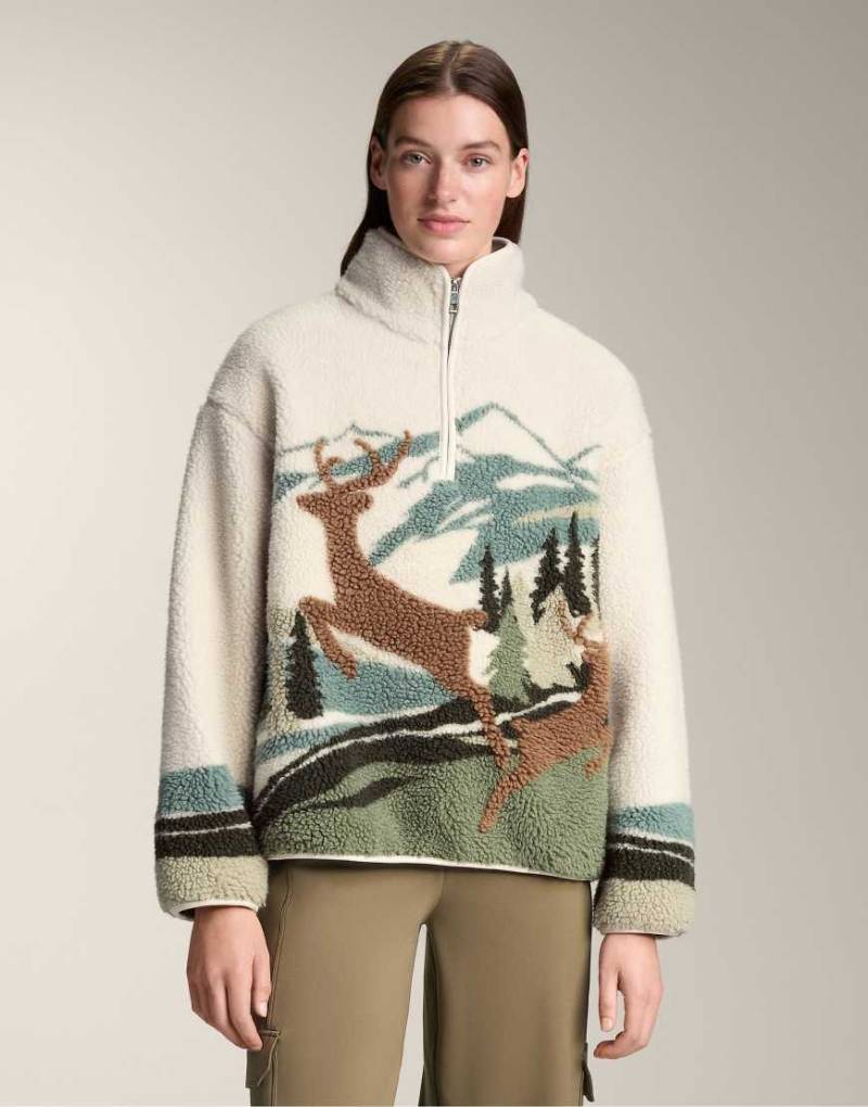 OYSHO - Sweatshirt aus Lammfellimitat in Ecru mit Landschaft-und-Reh-Motiv-Neutral von OYSHO