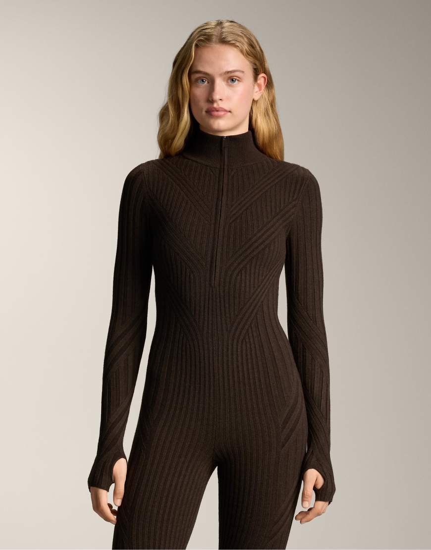 OYSHO - Thermo-Baselayer-Jumpsuit aus Rippstrick in Hellbraun-Brown von Oysho