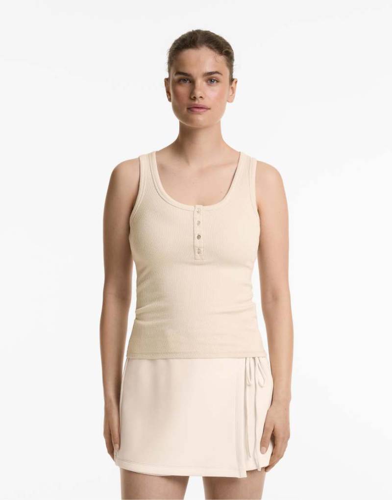 Oysho - Ärmelloses Oberteil aus Baumwoll-Modal-Mix in Nerzbeige mit Knopfleiste-Braun von Oysho