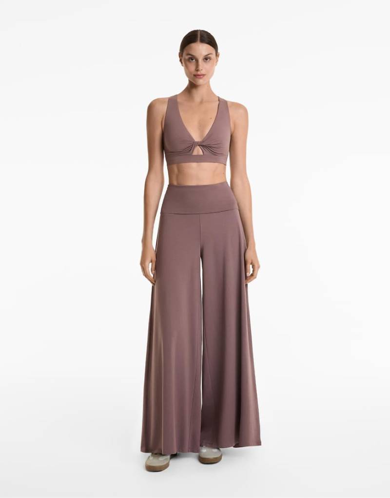 Oysho - Palazzo-Hose aus Baumwollmix in Lila mit umgeschlagenem Bund von Oysho