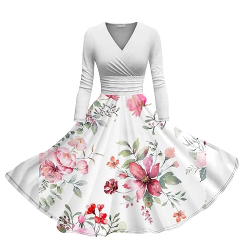 Oyuchga Ballkleid Damen Winter Blumen Druck Cocktailkleid Oversized Locker Partykleid Wickelkleid Casual V-Ausschnitt Abendkleid Hohe Taille Langarm Festkleid A-Linie Swing Kleid(C Khaki,5XL) von Oyuchga