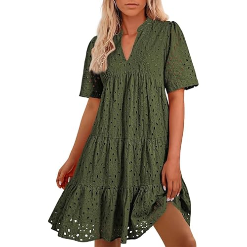 Oyuchga Blusenkleid Damen Basic Einfarbig Sommerkleid Elegant Knielang Mit Ösen Lässige V Ausschnitt Kurzarm Strandkleider Häkel Spitze Freizeitkleider Leicht Und Luftig Damenkleid(A Grün,L) von Oyuchga