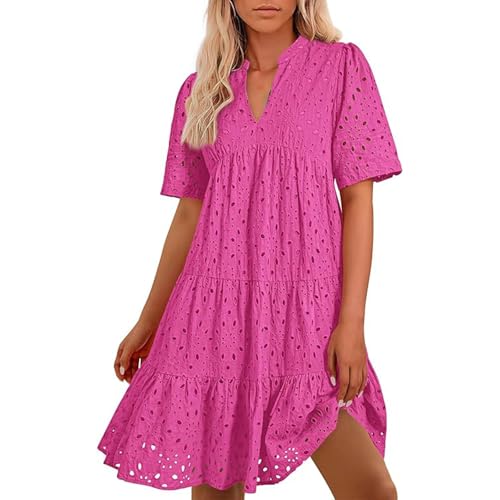 Oyuchga Blusenkleid Damen Basic Einfarbig Sommerkleid Elegant Knielang Mit Ösen Lässige V Ausschnitt Kurzarm Strandkleider Häkel Spitze Freizeitkleider Leicht Und Luftig Damenkleid(A Heißes Rosa,S) von Oyuchga