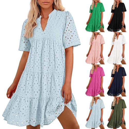 Oyuchga Blusenkleid Damen Basic Einfarbig Sommerkleid Elegant Knielang Mit Ösen Lässige V Ausschnitt Kurzarm Strandkleider Häkel Spitze Freizeitkleider Leicht Und Luftig Damenkleid(A Hellblau,XXL) von Oyuchga