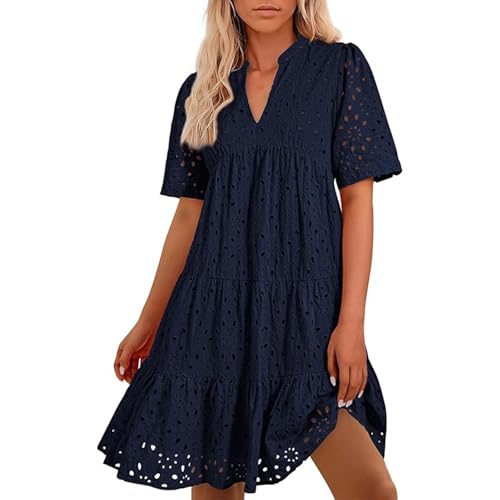Oyuchga Blusenkleid Damen Basic Einfarbig Sommerkleid Elegant Knielang Mit Ösen Lässige V Ausschnitt Kurzarm Strandkleider Häkel Spitze Freizeitkleider Leicht Und Luftig Damenkleid(A Marineblau,L) von Oyuchga