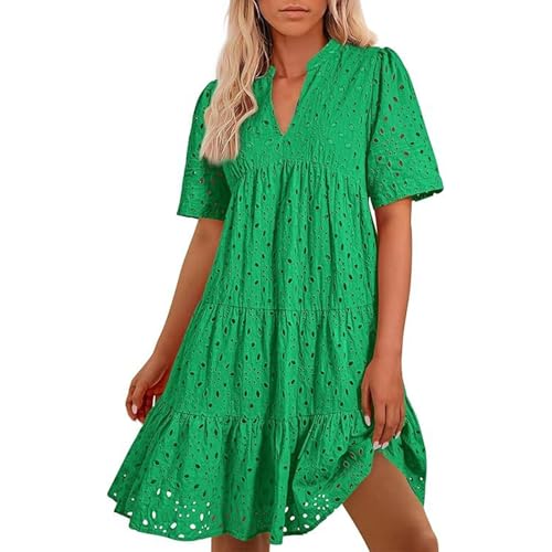 Oyuchga Blusenkleid Damen Basic Einfarbig Sommerkleid Elegant Knielang Mit Ösen Lässige V Ausschnitt Kurzarm Strandkleider Häkel Spitze Freizeitkleider Leicht Und Luftig Damenkleid(A Mintgrün,M) von Oyuchga