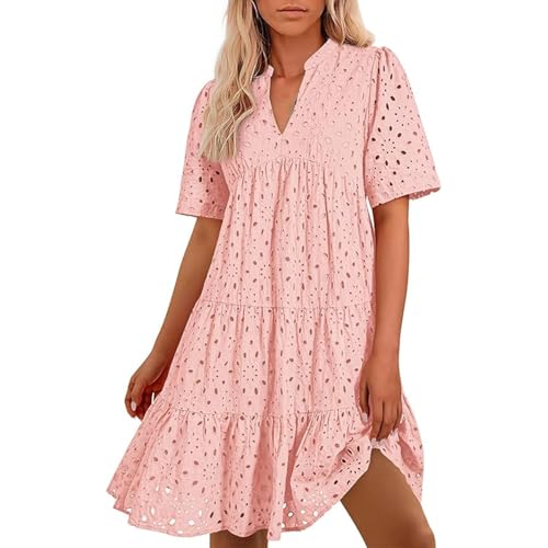Oyuchga Blusenkleid Damen Basic Einfarbig Sommerkleid Elegant Knielang Mit Ösen Lässige V Ausschnitt Kurzarm Strandkleider Häkel Spitze Freizeitkleider Leicht Und Luftig Damenkleid(A Rosa,M) von Oyuchga