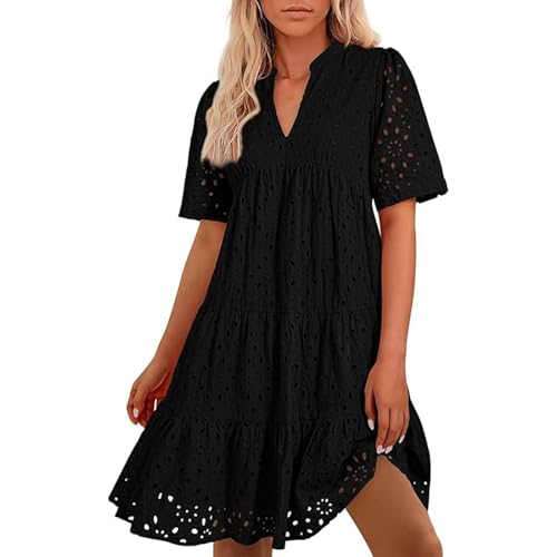 Oyuchga Blusenkleid Damen Basic Einfarbig Sommerkleid Elegant Knielang Mit Ösen Lässige V Ausschnitt Kurzarm Strandkleider Häkel Spitze Freizeitkleider Leicht Und Luftig Damenkleid(A Schwarz,XXL) von Oyuchga