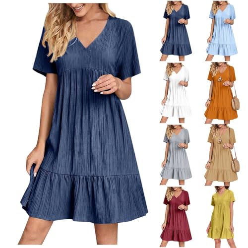 Oyuchga Blusenkleid Damen Große Größen Sommerkleid Elegant Einfarbig Kurzarm Freizeitkleid Casual V-Ausschnitt Rüschen Saum Minikleid Knielang Tshirt Kleider A Linie Swing Kleider(A Marineblau,XXL) von Oyuchga