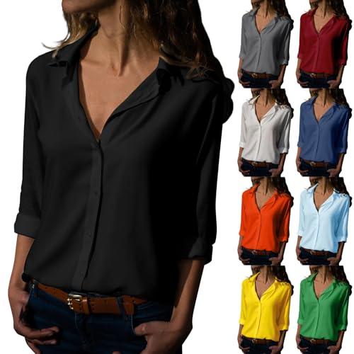 Oyuchga Blusenshirt Damen Elegant Langarm Business Hemdbluse Casual V-Ausschnitt Revers Langarm Bluse Arbeit Oberteile mit Knöpfen Hemd Lose Langarmshirt Basic Solide Tunika Shirt Tops(A Schwarz,4XL) von Oyuchga