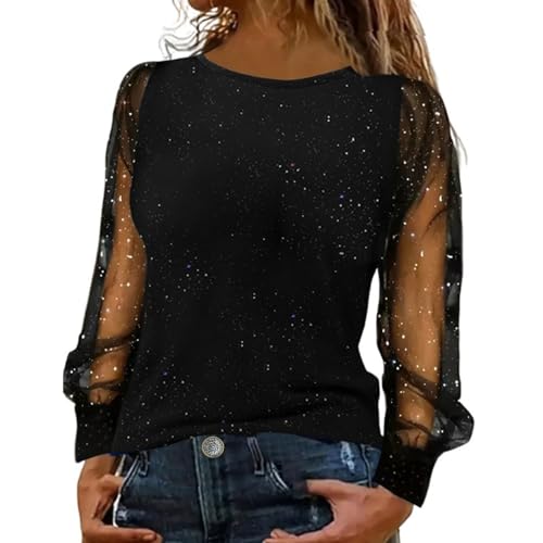 Oyuchga Festliche Blusen Damen Pailletten Glitzer Patchwork Langarmshirt Silvester Outfit Elegante Solide Pailletten Oberteil Große Größen Rundhals Tshirt Casual Festliche Tunika Tops(C Schwarz,5XL) von Oyuchga