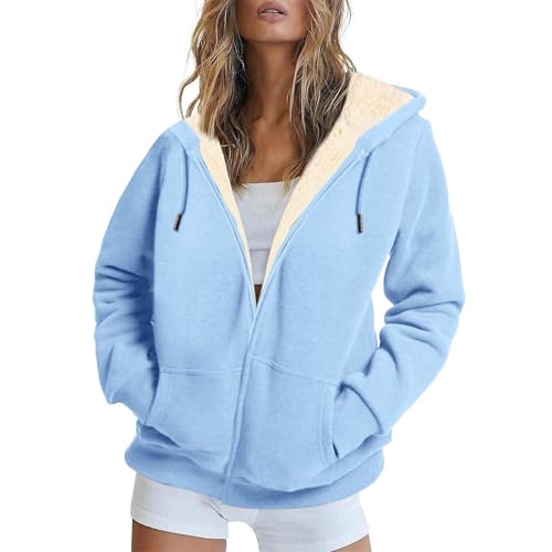 Oyuchga Fleecejacke Damen Winter Warm Teddyfleece Jacke Elegant Einfarbig Winterjacke mit Kapuze Große Größen Übergangsjacke Wollmantel Lässige Locker Kapuzenjacke Sweatshirtjacke(B Hellblau,S) von Oyuchga