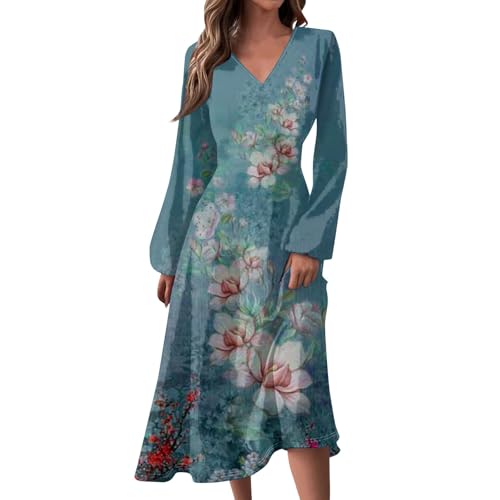 Oyuchga Freizeitkleider Damen Hohe Taille Lange Strandkleider Vintage Druck Sommerkleider Frauen V Ausschnitt Langarm Partykleid Slim Fit Festkleid A-Linie Swing Kleid Maxikleid(D Hellblau,L) von Oyuchga