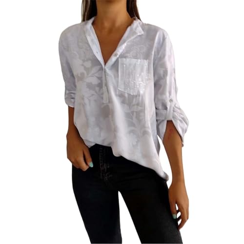 Oyuchga Hemdbluse Damen Oversized Einfarbige Langarm Festliche Blusen V-Ausschnitt Aufrollbaren Ärmeln Longshirt Pailletten GlitzerLangarmshirt Casual Locker Bluse Tops mit Taschen(A Weiß,XXL) von Oyuchga