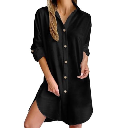 Oyuchga Hemdkleid Damen Casual Revers Langarm Sommerkleid Vintage Einfarbig Knielang Blusenkleid Lässiges V-Ausschnitt mit Knöpfen Strandkleider Boho Luftige Tunika A-Linie Kleid(A Schwarz,XXL) von Oyuchga
