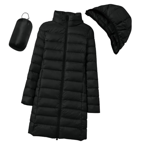 Oyuchga Kapuzenjacke Damen Leichte Daunenjacke Winter Bequeme Warme Steppmantel mit Reißverschluss Große Größen Langarm Softdaunenjacke Casual Lange Wintermantel mit Abnehmbare Kapuze(A Schwarz,4XL) von Oyuchga