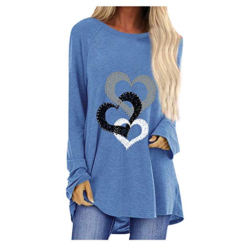 Oyuchga Langarmshirt Damen Große Größen Sweatshirt Valentinstag Herz Druck Rundhals Longshirt Frühling Liebe Muster Langarm Shirt Activewear Lockerer Casual Bluse Tops Oberteile(A Blau,5XL) von Oyuchga