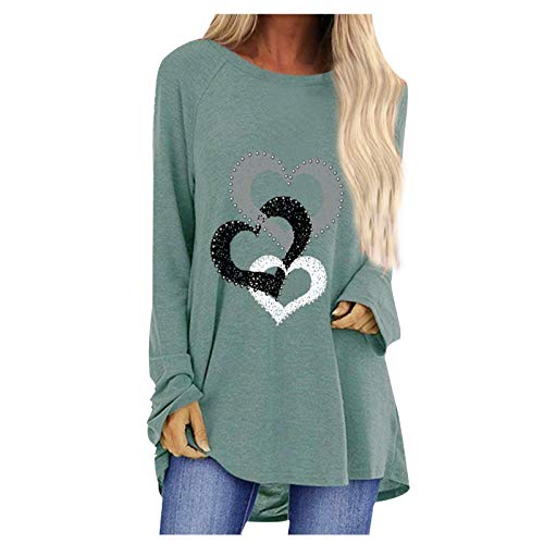 Oyuchga Langarmshirt Damen Große Größen Sweatshirt Valentinstag Herz Druck Rundhals Longshirt Frühling Liebe Muster Langarm Shirt Activewear Lockerer Casual Bluse Tops Oberteile(A Grau,XXL) von Oyuchga