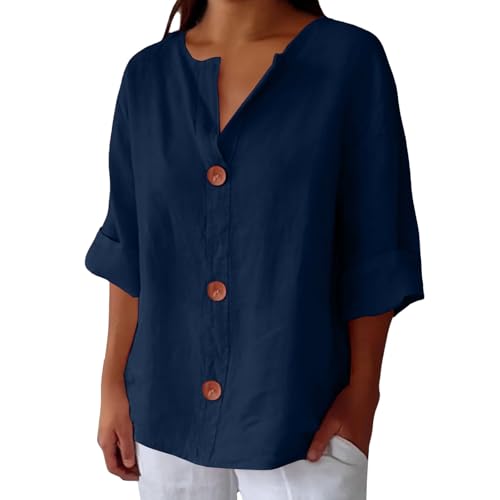 Oyuchga Leinenbluse Damen Große Größen Summer 3/4 Ärmel Baumwolle Leinen Bluse Elegant Einfarbig Tshirt Lässige V-Ausschnitt Knopfleiste Leinenhemd Bequem Leichte Longshirt Tops(A Blau,5XL) von Oyuchga