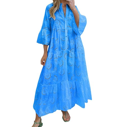 Oyuchga Lochstickerei Kleid Damen Große Größen 3/4 Ärmel Maxikleid Summer V Ausschnitt Aushöhlen Bestickt Strandkleider Basic Einfarbig Lange Blusenkleid Häkel Spitze Freizeitkleid(A Blau,3XL) von Oyuchga