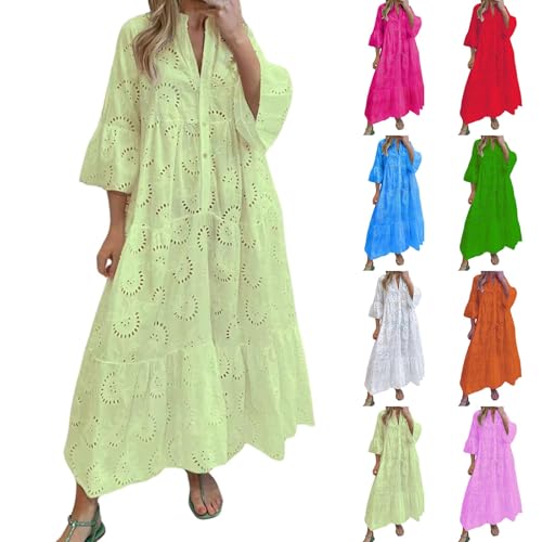 Oyuchga Lochstickerei Kleid Damen Große Größen 3/4 Ärmel Maxikleid Summer V Ausschnitt Aushöhlen Bestickt Strandkleider Basic Einfarbig Lange Blusenkleid Häkel Spitze Freizeitkleid(A Gelb,S) von Oyuchga