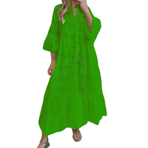 Oyuchga Lochstickerei Kleid Damen Große Größen 3/4 Ärmel Maxikleid Summer V Ausschnitt Aushöhlen Bestickt Strandkleider Basic Einfarbig Lange Blusenkleid Häkel Spitze Freizeitkleid(A Grün,XXL) von Oyuchga