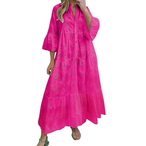 Oyuchga Lochstickerei Kleid Damen Große Größen 3/4 Ärmel Maxikleid Summer V Ausschnitt Aushöhlen Bestickt Strandkleider Basic Einfarbig Lange Blusenkleid Häkel Spitze Freizeitkleid(A Heißes Rosa,XL) von Oyuchga