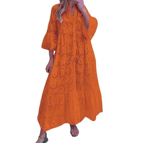 Oyuchga Lochstickerei Kleid Damen Große Größen 3/4 Ärmel Maxikleid Summer V Ausschnitt Aushöhlen Bestickt Strandkleider Basic Einfarbig Lange Blusenkleid Häkel Spitze Freizeitkleid(A Orange,XL) von Oyuchga