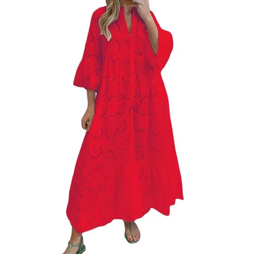 Oyuchga Lochstickerei Kleid Damen Große Größen 3/4 Ärmel Maxikleid Summer V Ausschnitt Aushöhlen Bestickt Strandkleider Basic Einfarbig Lange Blusenkleid Häkel Spitze Freizeitkleid(A Rot,5XL) von Oyuchga