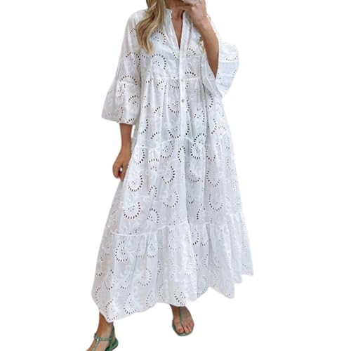 Oyuchga Lochstickerei Kleid Damen Große Größen 3/4 Ärmel Maxikleid Summer V Ausschnitt Aushöhlen Bestickt Strandkleider Basic Einfarbig Lange Blusenkleid Häkel Spitze Freizeitkleid(A Weiß,5XL) von Oyuchga
