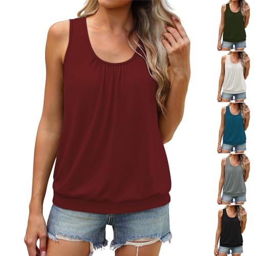 Oyuchga Oberteile Damen Elegant Einfarbig Ärmellose Tank Tops Casual Summer V Ausschnitt Unterhemd Leichtes Lockerer Saum Camisole Teenager Mädchen Weste Basic Shirt Trägertop(B Rot,XXL) von Oyuchga