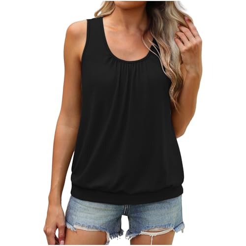 Oyuchga Oberteile Damen Elegant Einfarbig Ärmellose Tank Tops Casual Summer V Ausschnitt Unterhemd Leichtes Lockerer Saum Camisole Teenager Mädchen Weste Basic Shirt Trägertop(B Schwarz,L) von Oyuchga
