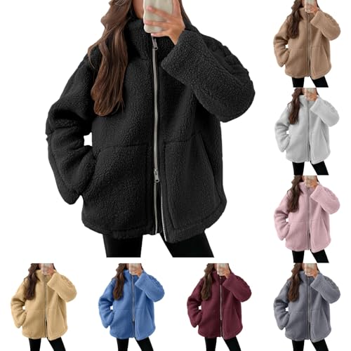 Oyuchga Plüschjacke Damen Winter Warme Doppelschieber Reißverschluss Winterjacke Basic Einfarbig Teddyjacke Revers Langarm Teddyfleece Jacke Freizeit Fleecejacke Flauschig Fleecemantel(A Schwarz,XXL) von Oyuchga