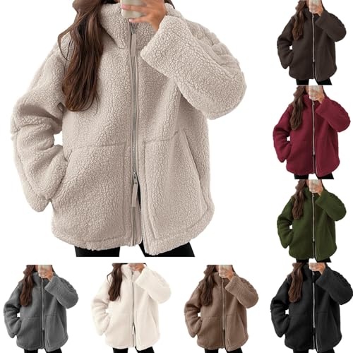 Oyuchga Plüschjacke Damen Winter Warme Doppelschieber Reißverschluss Winterjacke Basic Einfarbig Teddyjacke Revers Langarm Teddyfleece Jacke Freizeit Fleecejacke Flauschig Fleecemantel(A Beige,XXL) von Oyuchga