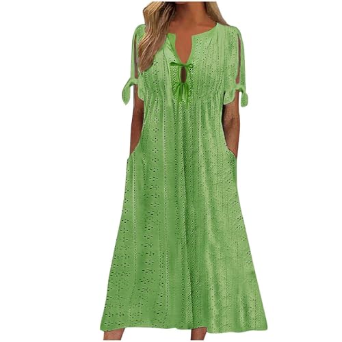 Oyuchga Sommerkleid Damen Summer Elegant Einfarbig Lange Strandkleider Große Größen Kurzen Ärmeln Maxikleid Casual V-Ausschnitt Lace Up Blusenkleid A Linie Kleider mit Taschen(A Grün,XXL) von Oyuchga