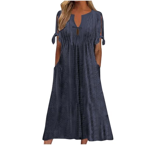 Oyuchga Sommerkleid Damen Summer Elegant Einfarbig Lange Strandkleider Große Größen Kurzen Ärmeln Maxikleid Casual V-Ausschnitt Lace Up Blusenkleid A Linie Kleider mit Taschen(A Marineblau,3XL) von Oyuchga