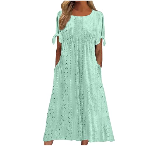 Oyuchga Sommerkleid Damen Summer Elegant Einfarbig Lange Strandkleider Große Größen Kurzen Ärmeln Maxikleid Casual V-Ausschnitt Lace Up Blusenkleid A Linie Kleider mit Taschen(B Grün,S) von Oyuchga